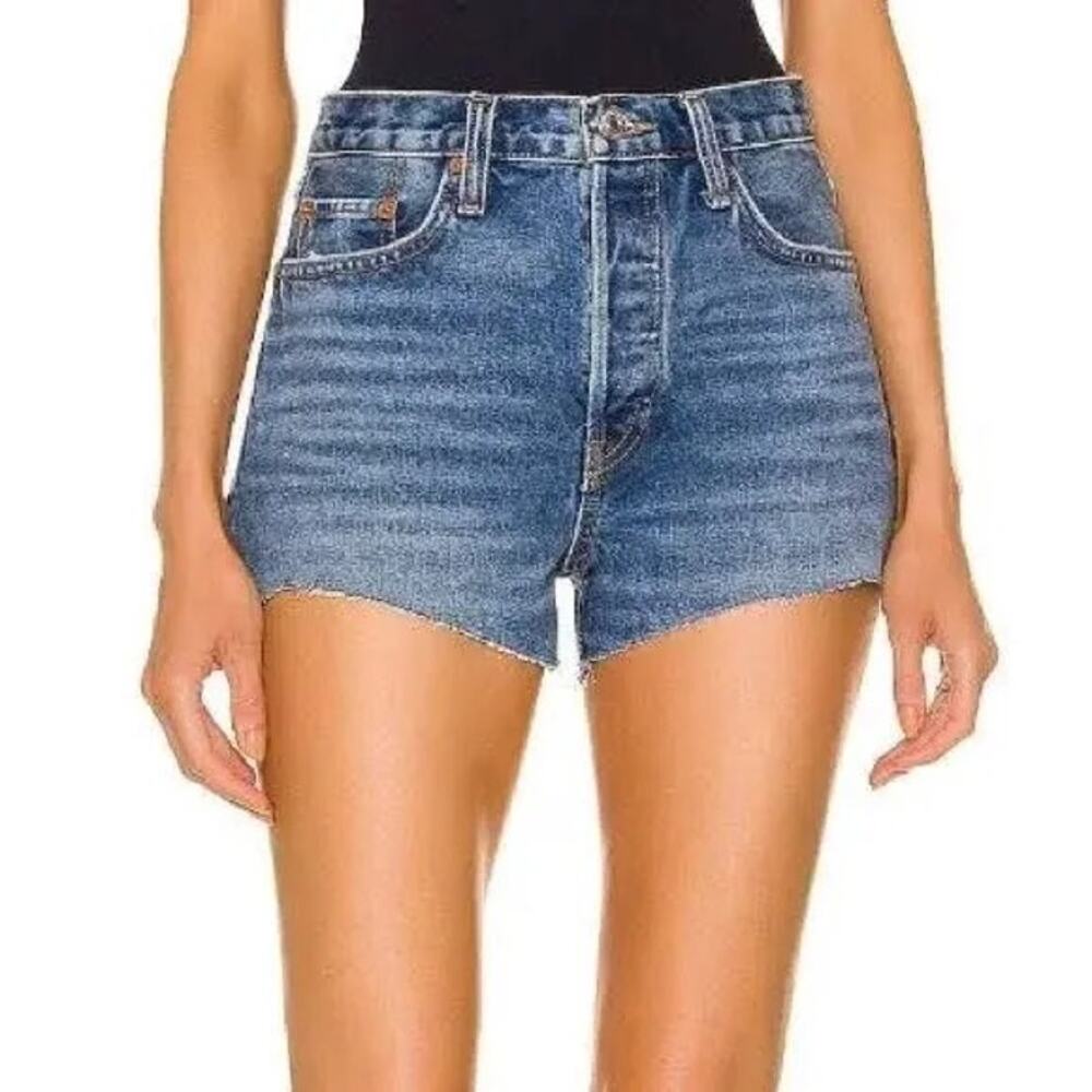 NWT RE/DONE High Waisted Button Fly Raw Hem Denim Shorts Size 29 Arroyo Blue